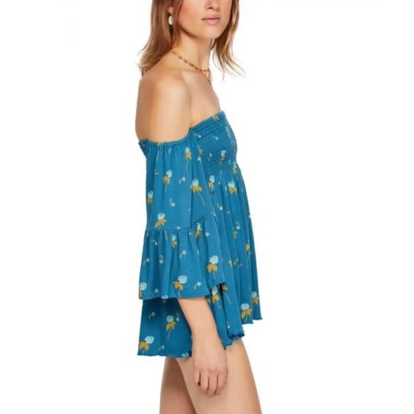 Free People Lana Floral Tunic Off Shoulder Smocked Bohemian Flowy Bell Sleeves - Picture 3 of 9